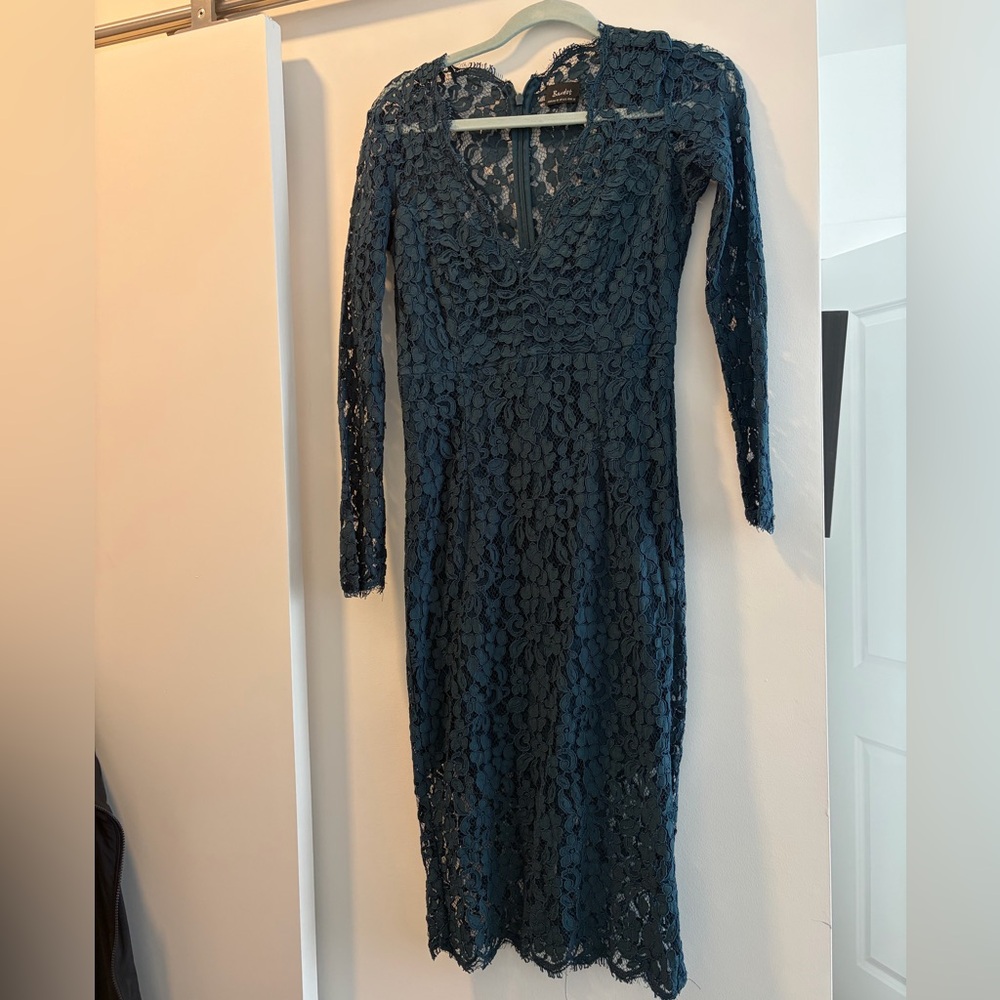 Bardot Teal Blue Long-Sleeve Lace Midi Dress